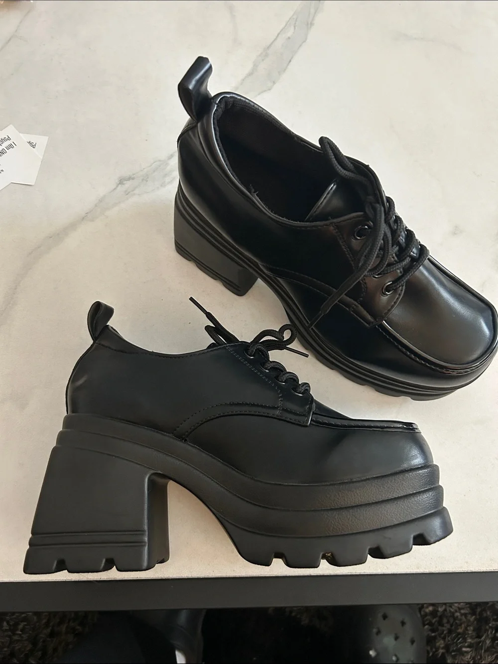 Chunky Black Platform Lace-Up Heels for Women Size 7.5
